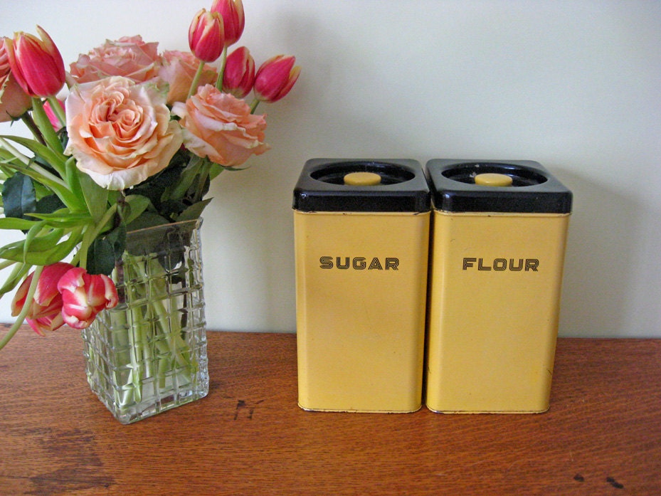 Vintage Cannisters - Lincoln Beautyware - Sugar and Flour - Yellow and Black