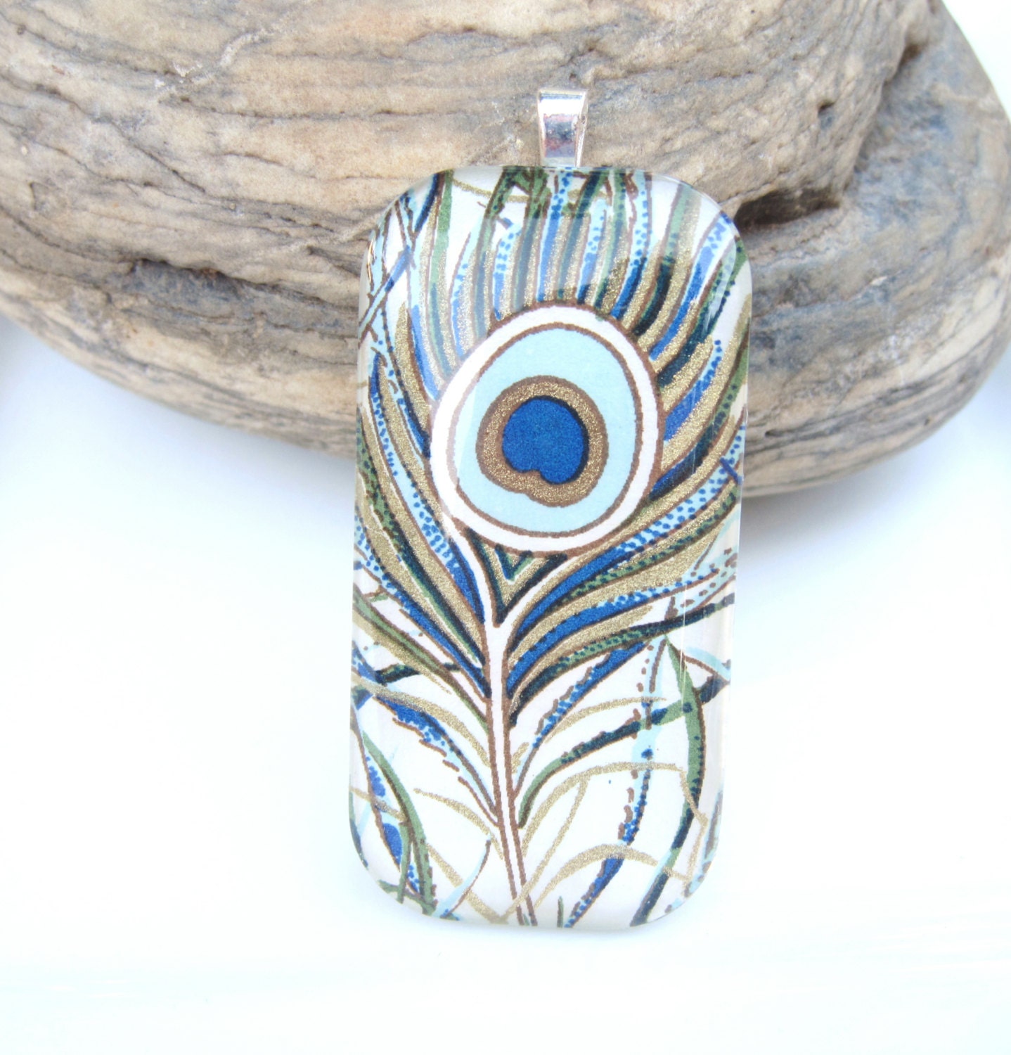 Long Rectangle Glass Tile Pendant Necklace in Elegant Peacock.  Italian Florentine Paper.