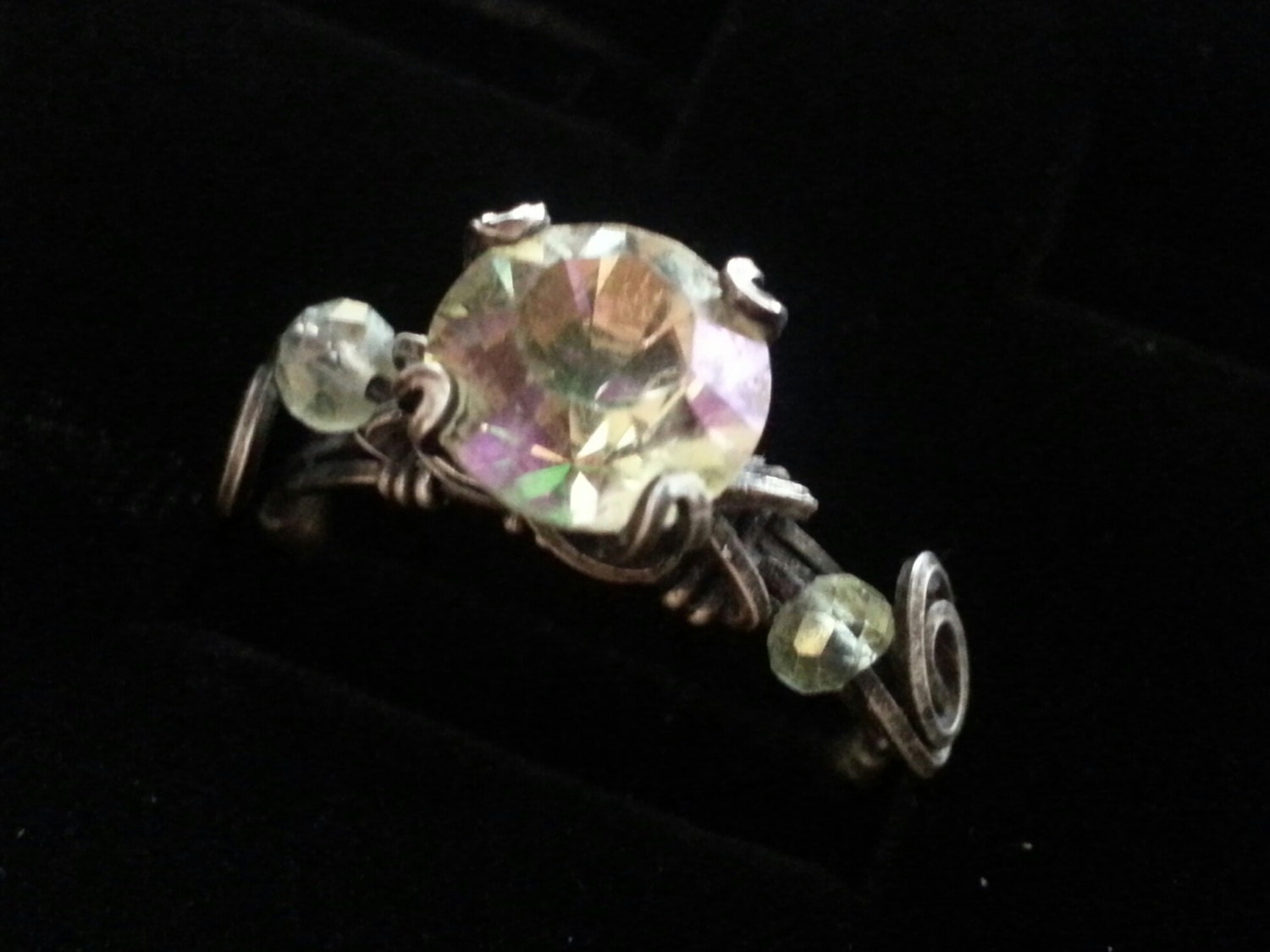 Antiqued Sterling Ring, Swarovski Crystal, Trending, Hand MAde, Custom, Artwork, Metalwork, Spring