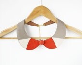 Coral and Gray Leather Collar Bib Necklace Peter Pan Detachable Art Deco