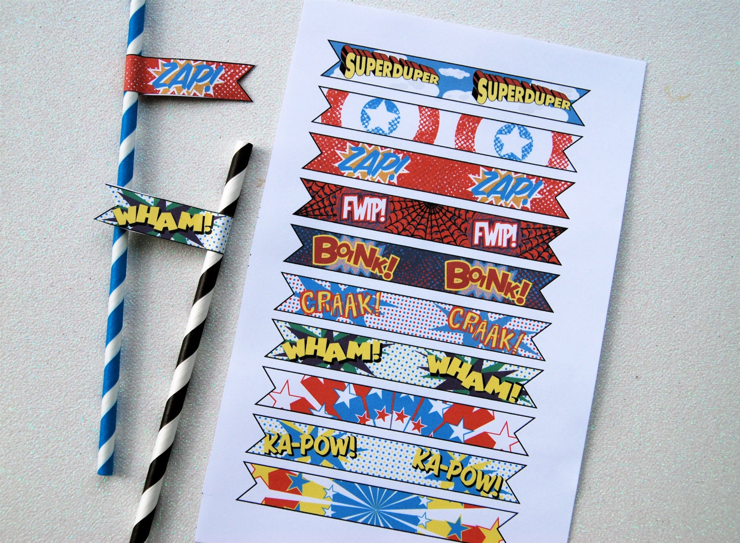 Super Hero PDF Printable Party Flags for straws or cupcake toppers DIY
