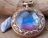 Sea Glass Pocket Watch Pendant Antique Gold Filled Golden Blue