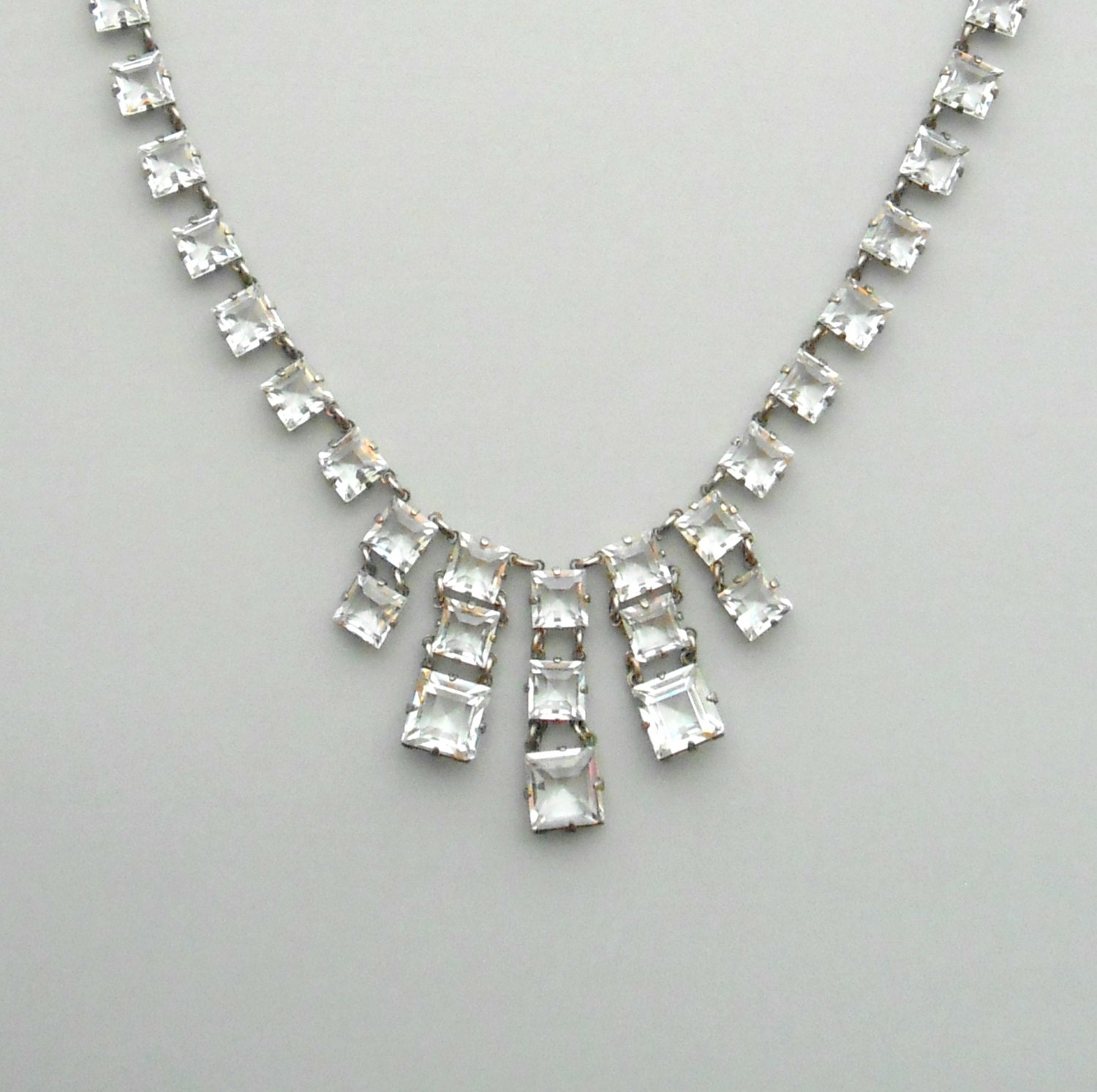 Art Deco Crystal Necklace . Open Back Sterling Setting . Geometric Fringe Bib .