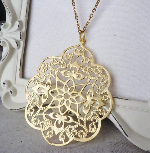 Gold Plated Chandelier Necklace - Bohemian, Filigree, Large, Ornate