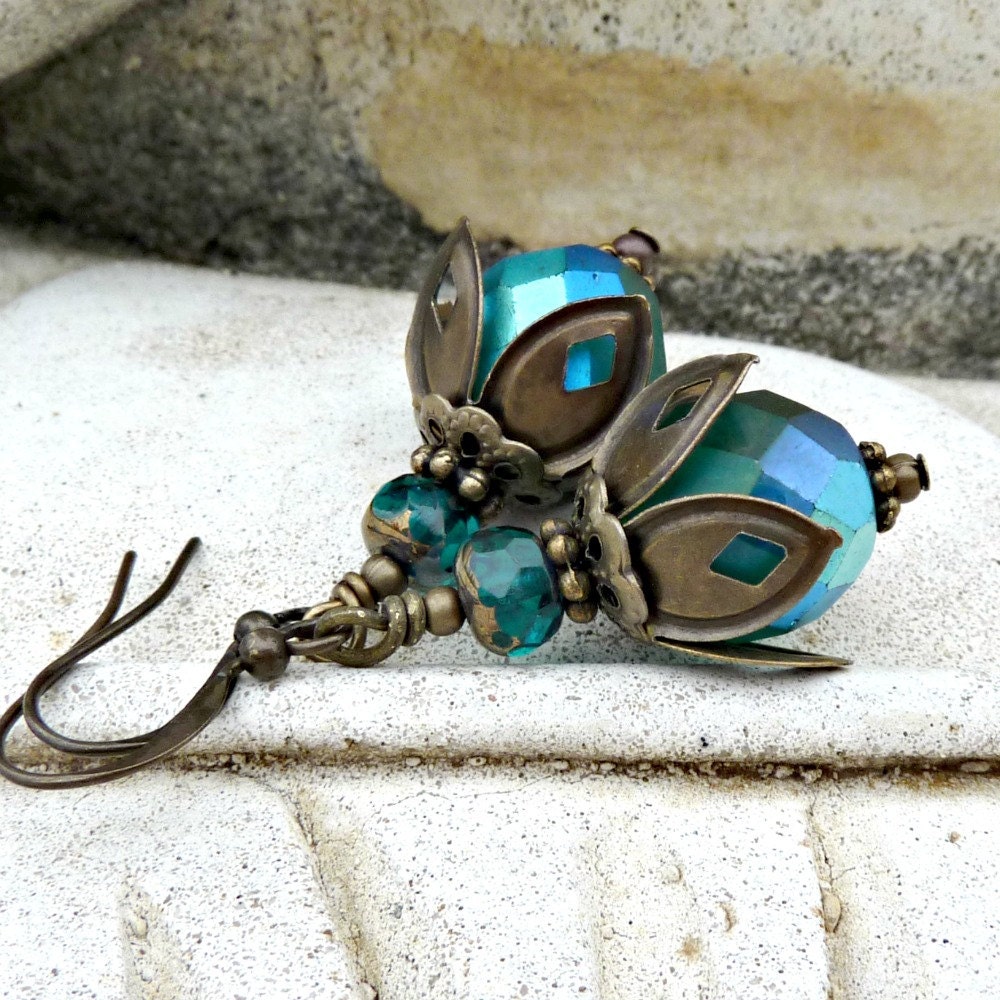 May Sale 10% off - Bohemian Czech Glass Drop Earrings - Antique Brass, Emerald, Teal,