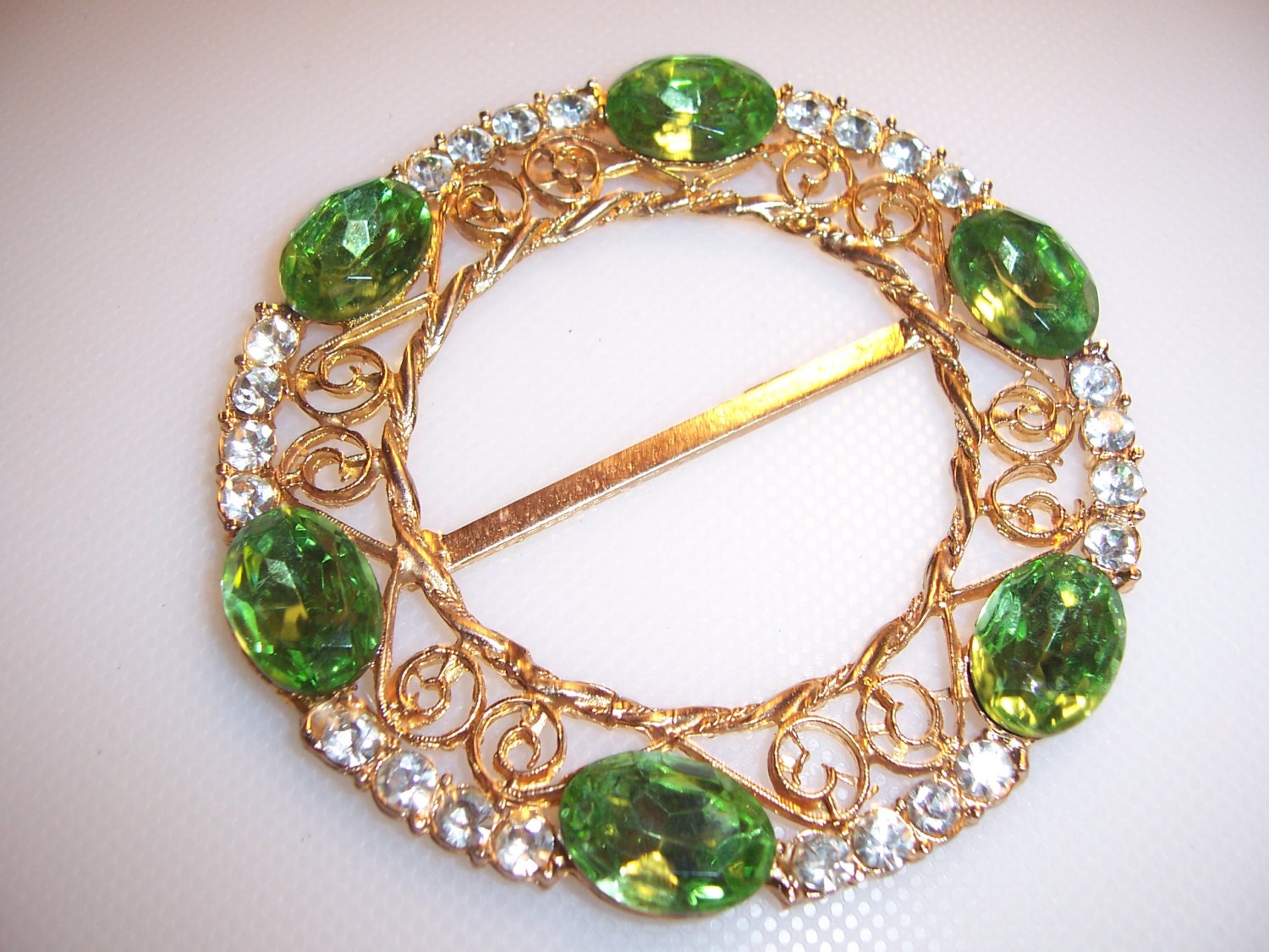 Huge Vintage Green & Clear Rhinestone Scarf Sash Belt Buckle