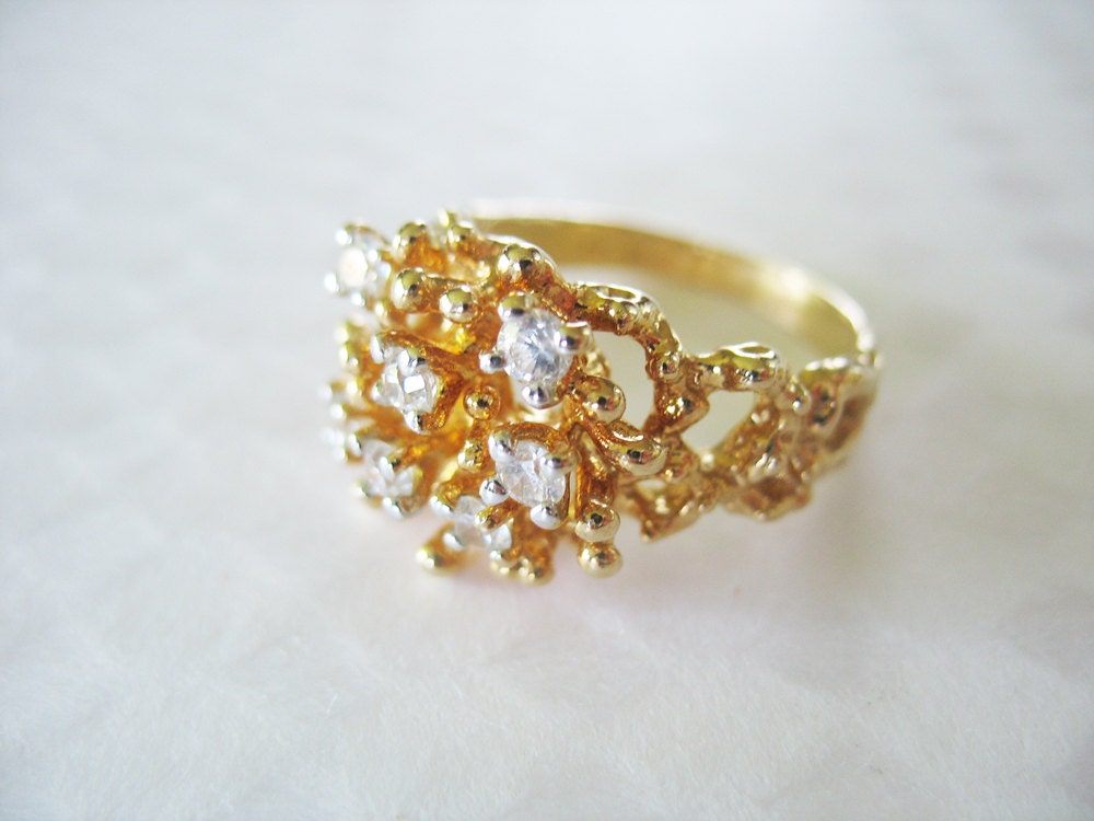 Vtg Rhinestone Cocktail Ring Golden Nugget Cluster Chunky Circa 1970's 18K GE