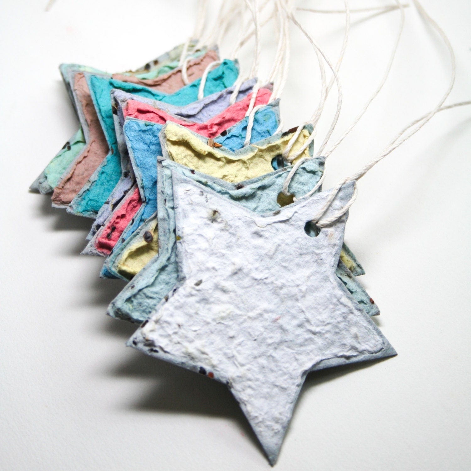 20 Plantable Star Tags Or Favors (Made From 100% Recycled Handmade Paper Embedded With Wildflower Seeds) you choose color and twine
