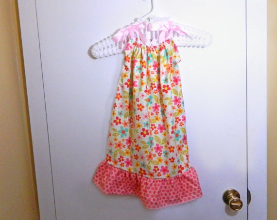 SALE Pillowcase Dress - Cream Flowers & Pink Dots -4T