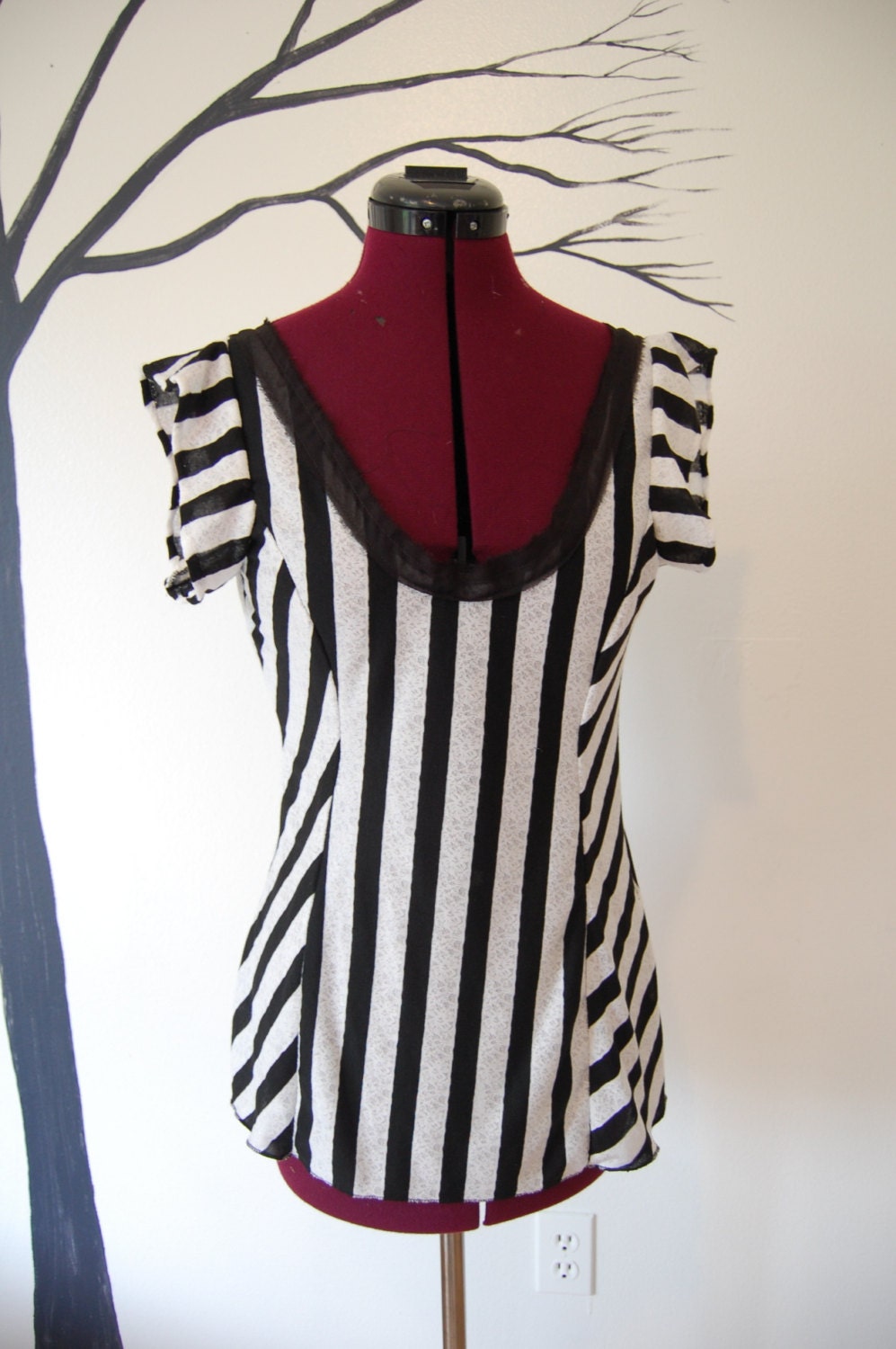 Black and cream striped soft knit fashion top goth fashion