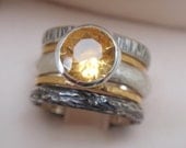 engagement ring wedding bands set of 5 - 14k solid yellow gold and sterling silver - 7mm natural citrine - stacking rings - made to order
