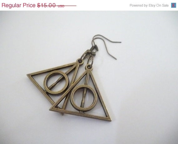 ON SALE Deathly Hollows Antique Bronze Charm Earrings