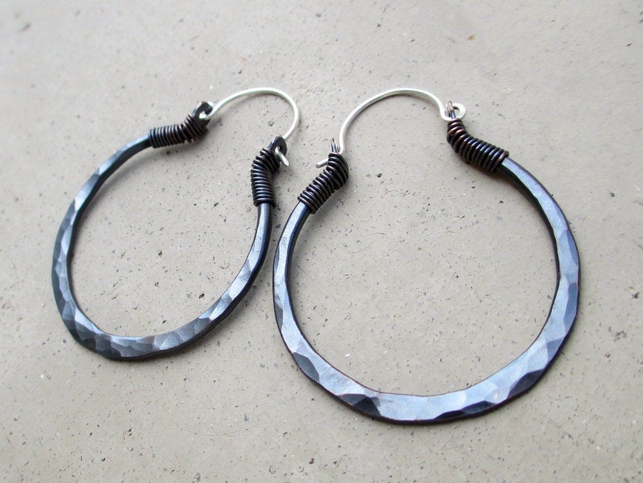Black Hoop Earrings, Medium Size, Gypsy, Ethnic, Rustic, Hip, Mixed Metal, Artisan Jewelry