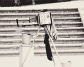 Antique camera, photographer, history, black and white, grey, monotone, mens, chic, print, fine art photograph 8"x8"