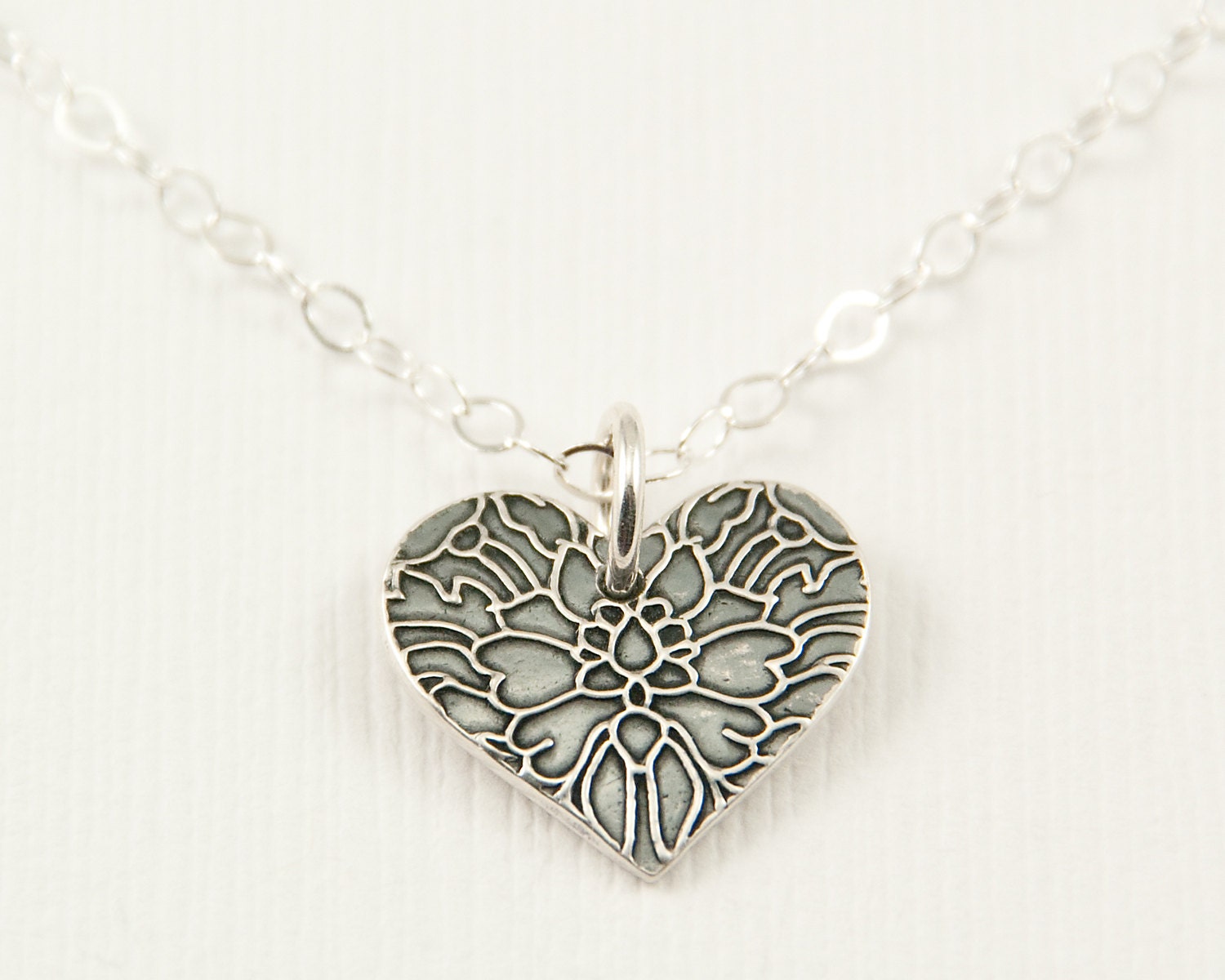 Silver heart necklace, small heart pendant, tiny heart necklace, Precious Metal Clay, oxidized silver,  heart jewelry, romantic jewelry