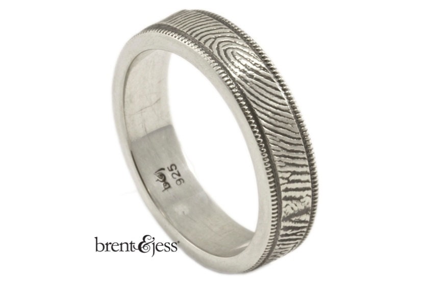 Custom Fingerprint ring 6mm Sterling Silver Wedding/Commitment Band exterior print with milgrain
