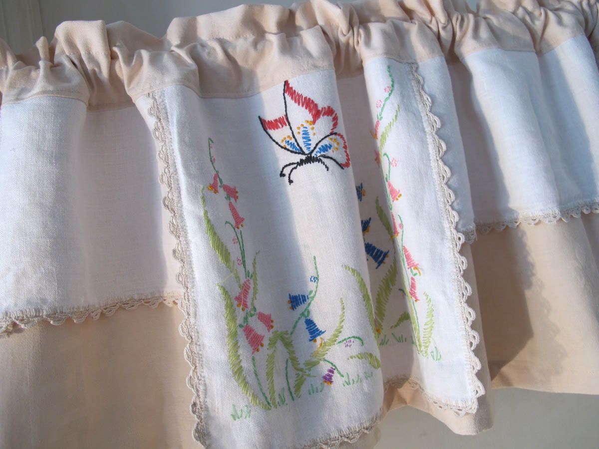 Butterfly Floral Valance, Upcycle Embroidery, Window Valance, Repurpose Dresser Scarf, Retro Kitchen Window Curtains