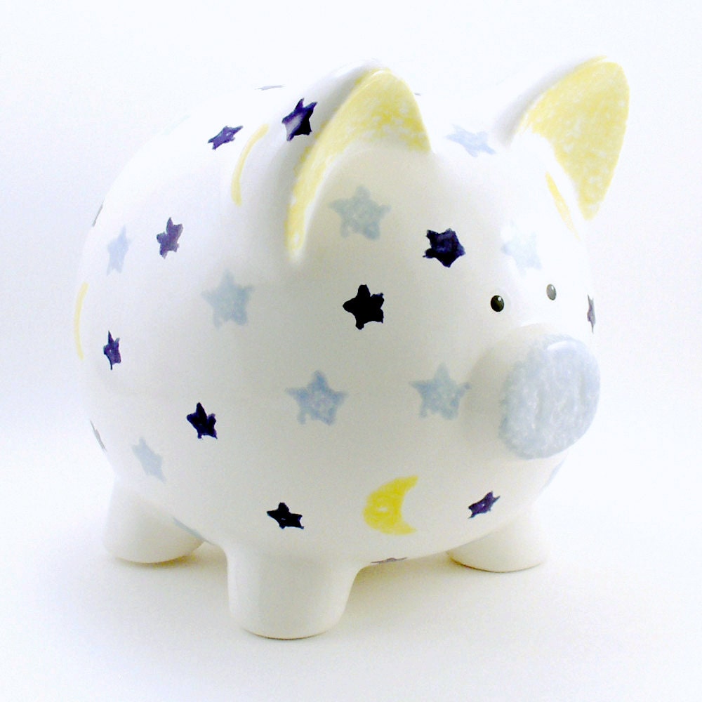 Personalized Piggy Bank - Moons and Stars - with hole or NO hole in bottom