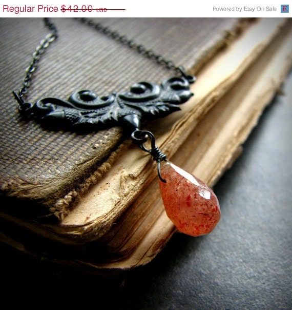 SALE 20% off Sunstone gemstone necklace w acorn charm and sterling silver rustic elegance - Fading Memories