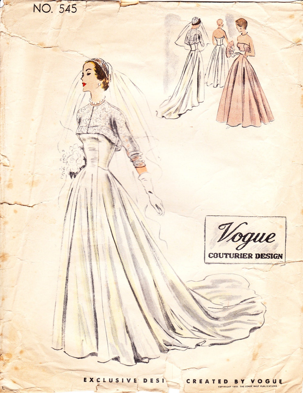 Vintage 1950s bridal dress and bolero sewing pattern - Vogue Couturier 545  - Bust 34