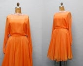 vintage 1960s dress. Lilli Diamond orange chiffon beaded cocktail dress