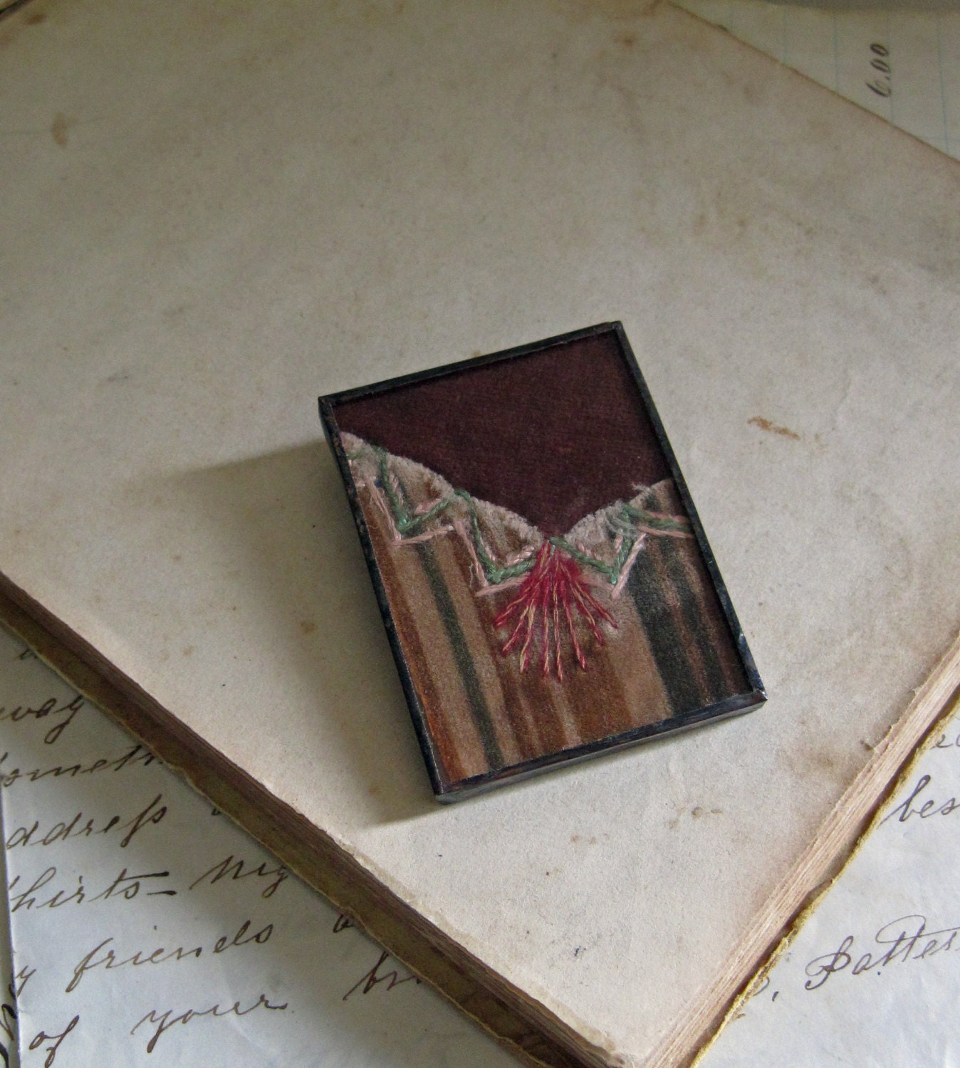 Rustic Browns Embroidered Vintage Crazy Quilt Pin