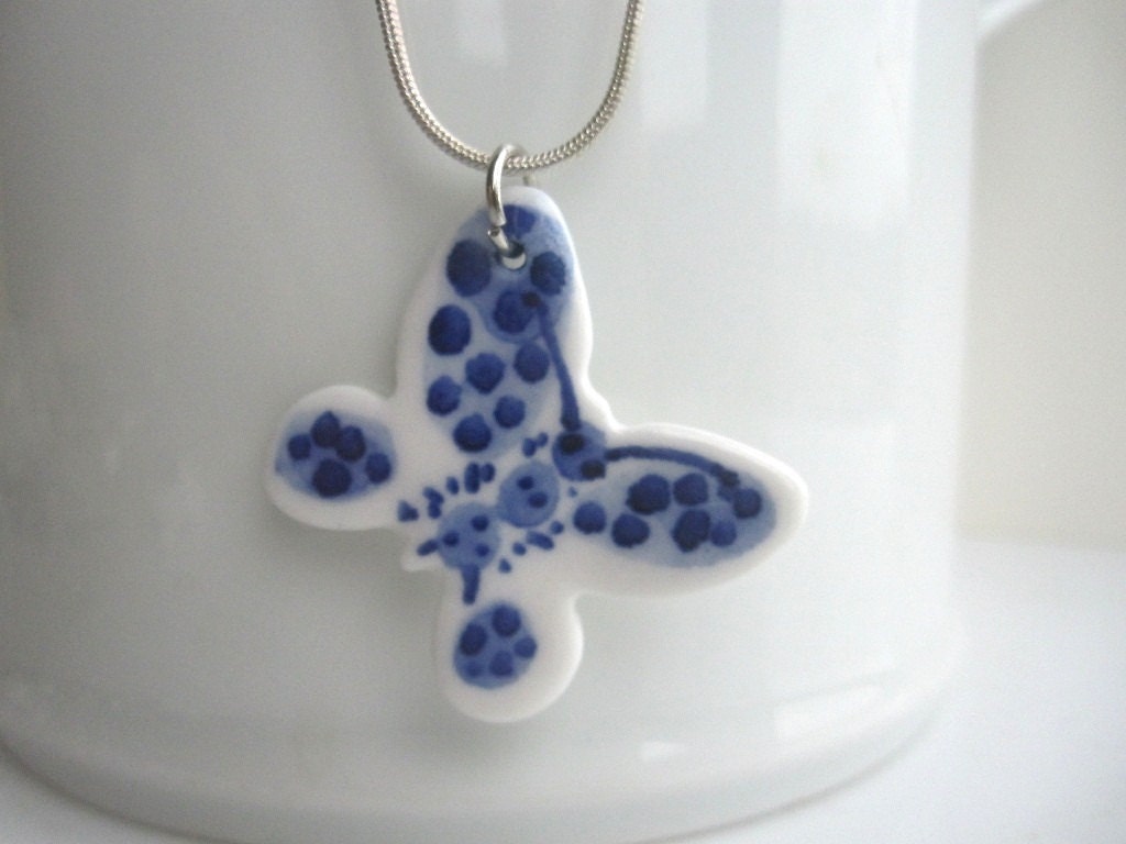 Butterfly  necklace - Hand crafted and hand painted Delftware porcelain.