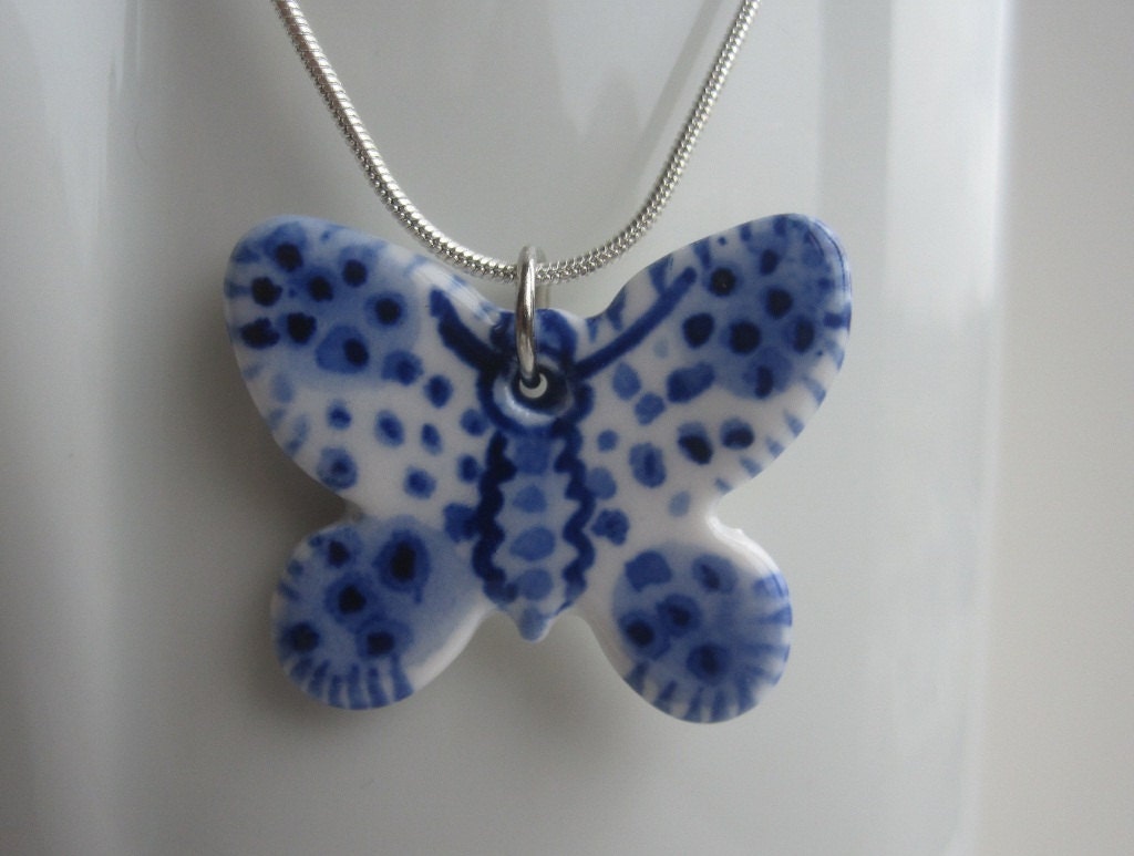 Butterfly  necklace - Hand crafted and hand painted Delftware porcelain.