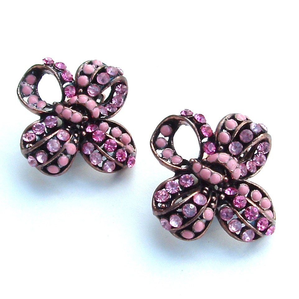 Pink Bow Rhinestone Clip On Earrings, FREE US SHIPPING