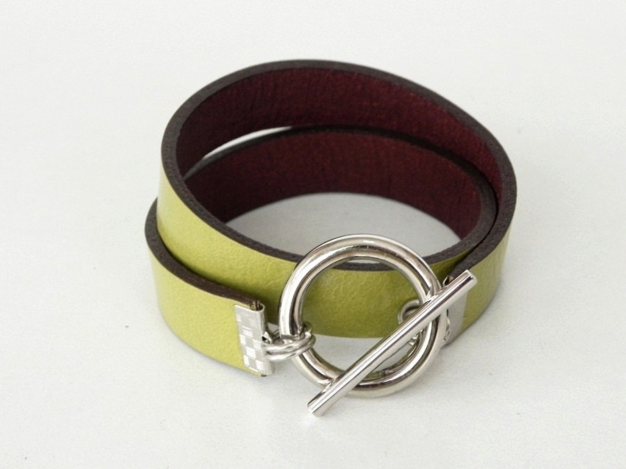 Leather Bracelet Leather Cuff in Lime Green Color with Silver Tone Metal Toggle Clasp