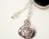 Cell Phone Charm Dust Plug Earphone Fairy Tale Princess White Pearls Silver Crown Shield