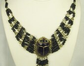 Vintage Egyptian Revival Enamel Scarab and Black Stone Bead Necklace