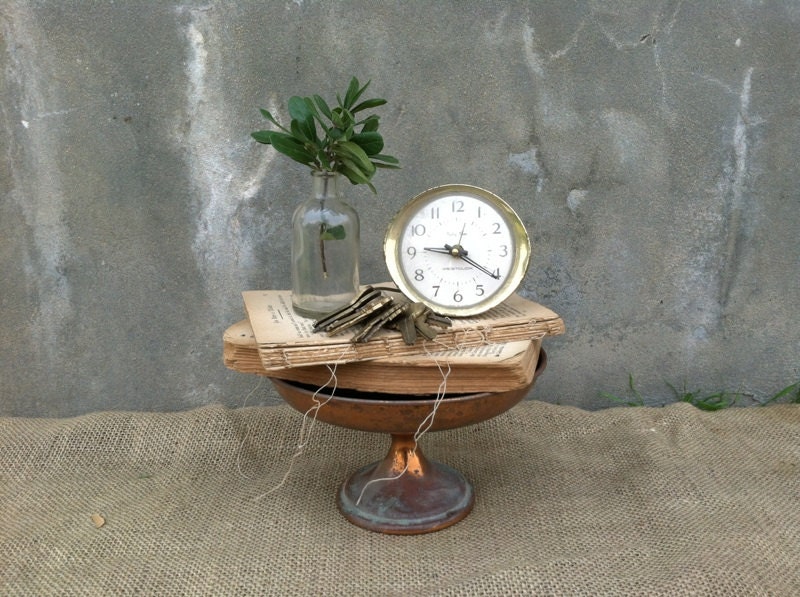 Vintage - Copper Compote - Pedestal - Vignette Display - Rustic Cottage Farmhouse CHIC - Patina