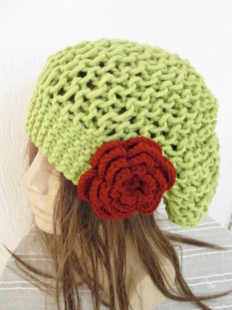 Hand Knit Hat  Beehive beret in  lemon Green  womens hat   Slouchy Beanie  Fall Autumn Winter Spring  Fashion  Accessories