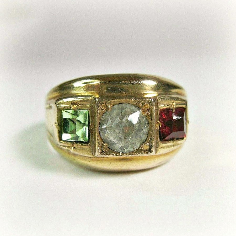 Heavy Vintage Men's Ring - Chunky - Gold Filled - Peridot - Ruby - Size 10 - 1950s - Father's Day