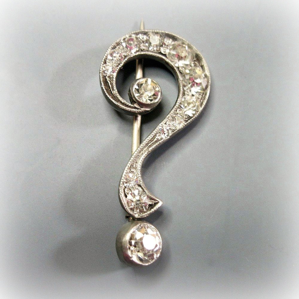 Antique Paste Question Mark Brooch - Edwardian to Art Deco - Silver - Circa 1910 to 1920s - Punctuation Mark