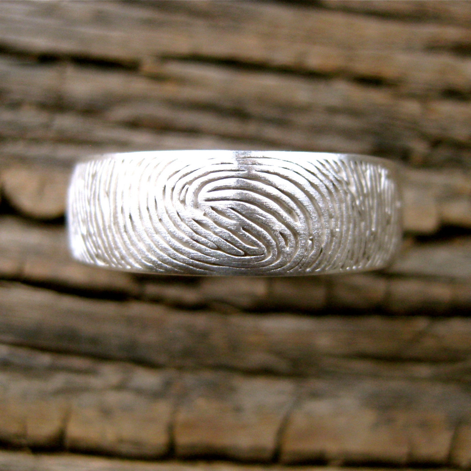 Handmade Finger Print Wedding Band in Sterling Silver with Text Engraving and Matte Finish Size 10/7mm