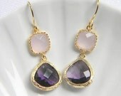 Pale Ice Pink and Amethyst Purple Earrings - Bridesmaid Jewelry Gift - Colorblock Earrings - Gold Earrings - Bohemian Earrings