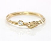 Diamond Leaf Ring in 14k Gold, White Diamond Stacking Ring Set of Two, 14k Yellow, Rose, White Gold Stack Rings, thin hammered rings