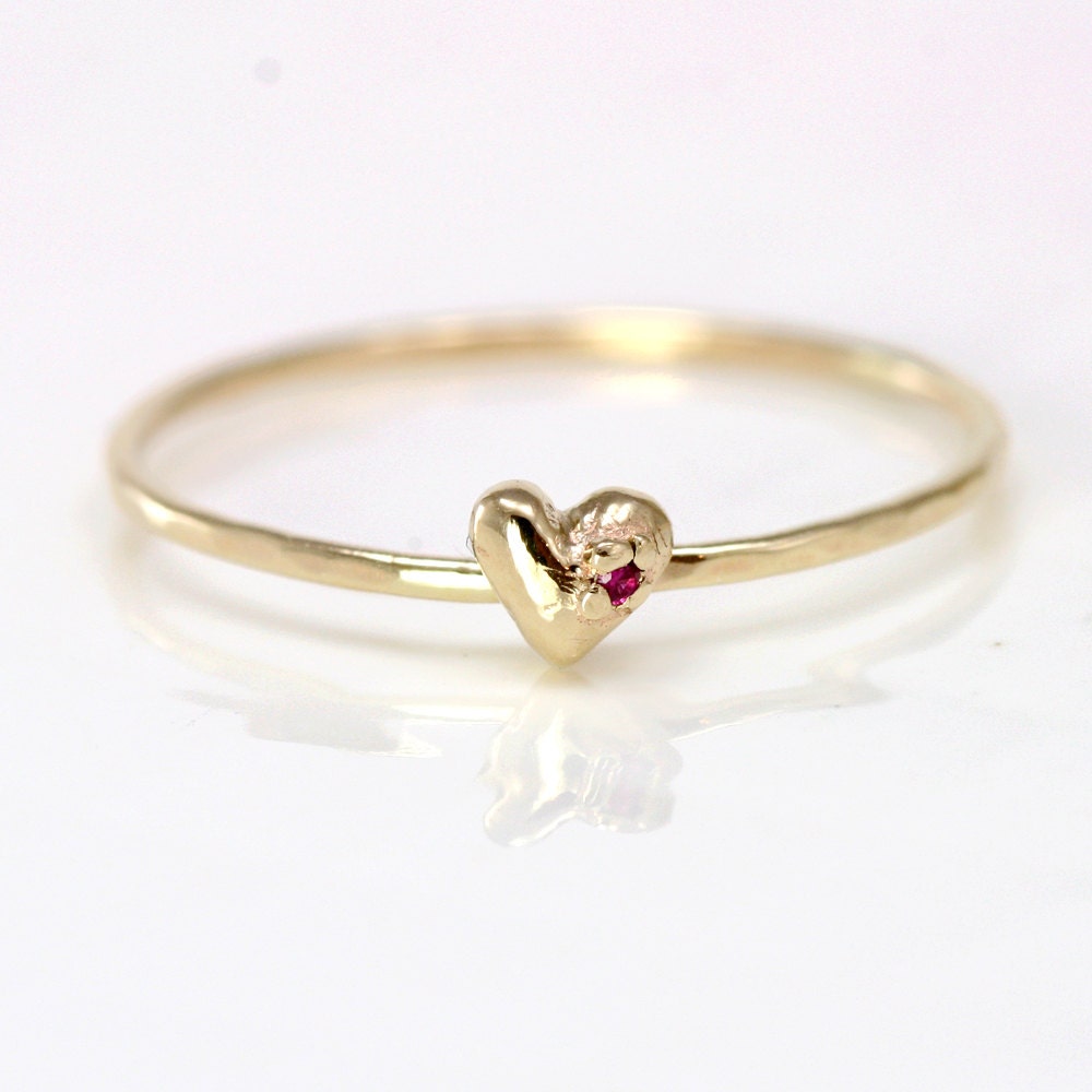 Ruby Heart Ring, 14k Gold Stacking Ring