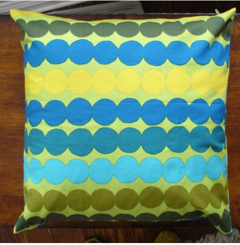 Green Rasymatto Pillow case, 18x18 inches, Finland, dots rows 'rag rug', US ship only
