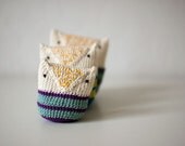 Crocheted Owl Crinkle Baby Toy  - Ecru Natural White  Mint Orange Violet Cotton - Made to order - OOAK - Summer Snow Owl