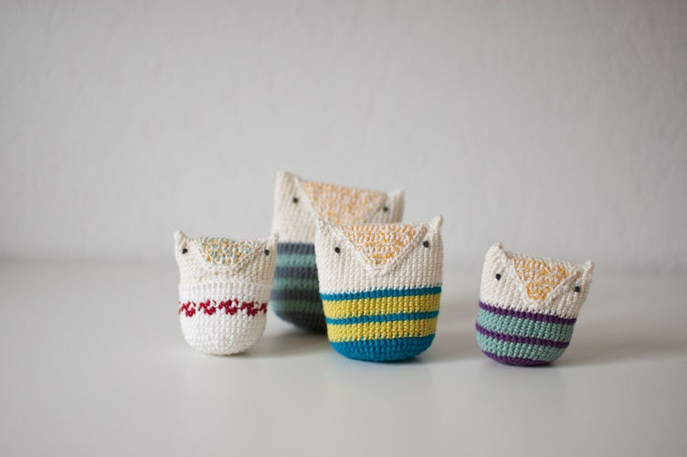 Crocheted Owl Crinkle Baby Toy  - Natural White Sea Blue Neon Yellow Green Stripes Cotton - Made to order -OOAK - Summer Snow Owl