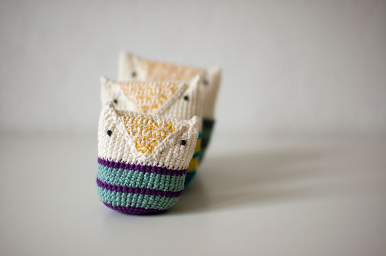 Crocheted Owl Crinkle Baby Toy  - Ecru Natural White  Mint Orange Violet Cotton - Made to order - OOAK - Summer Snow Owl
