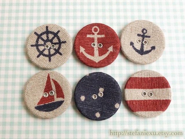 Fabric Covered Buttons, Metal Holes - Nautical Marine, Retro Color (6 in a set)