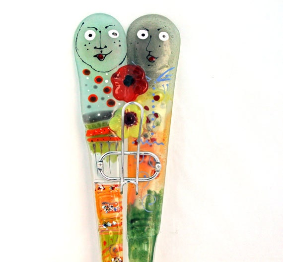 funky wall towel - Key Wall  Hooks , Fused glass hanging wall art.