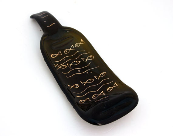 fused glass Curved  brown Wine Bottle Serving Tray,  Recycled glass  artworke (retro fise  pattern)