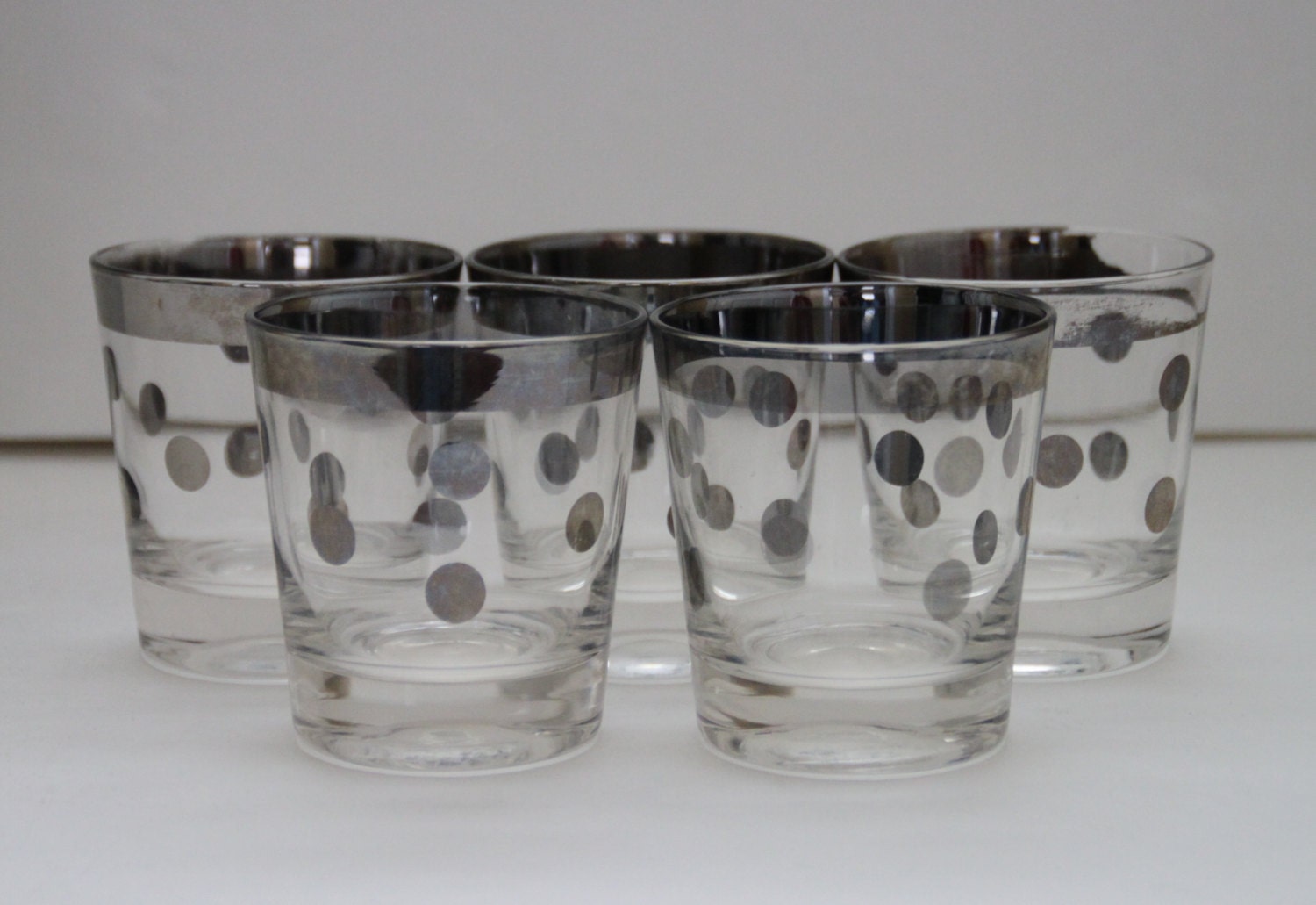 Vintage Mid-Century Set of 5 Silver Polka Dot Glasses