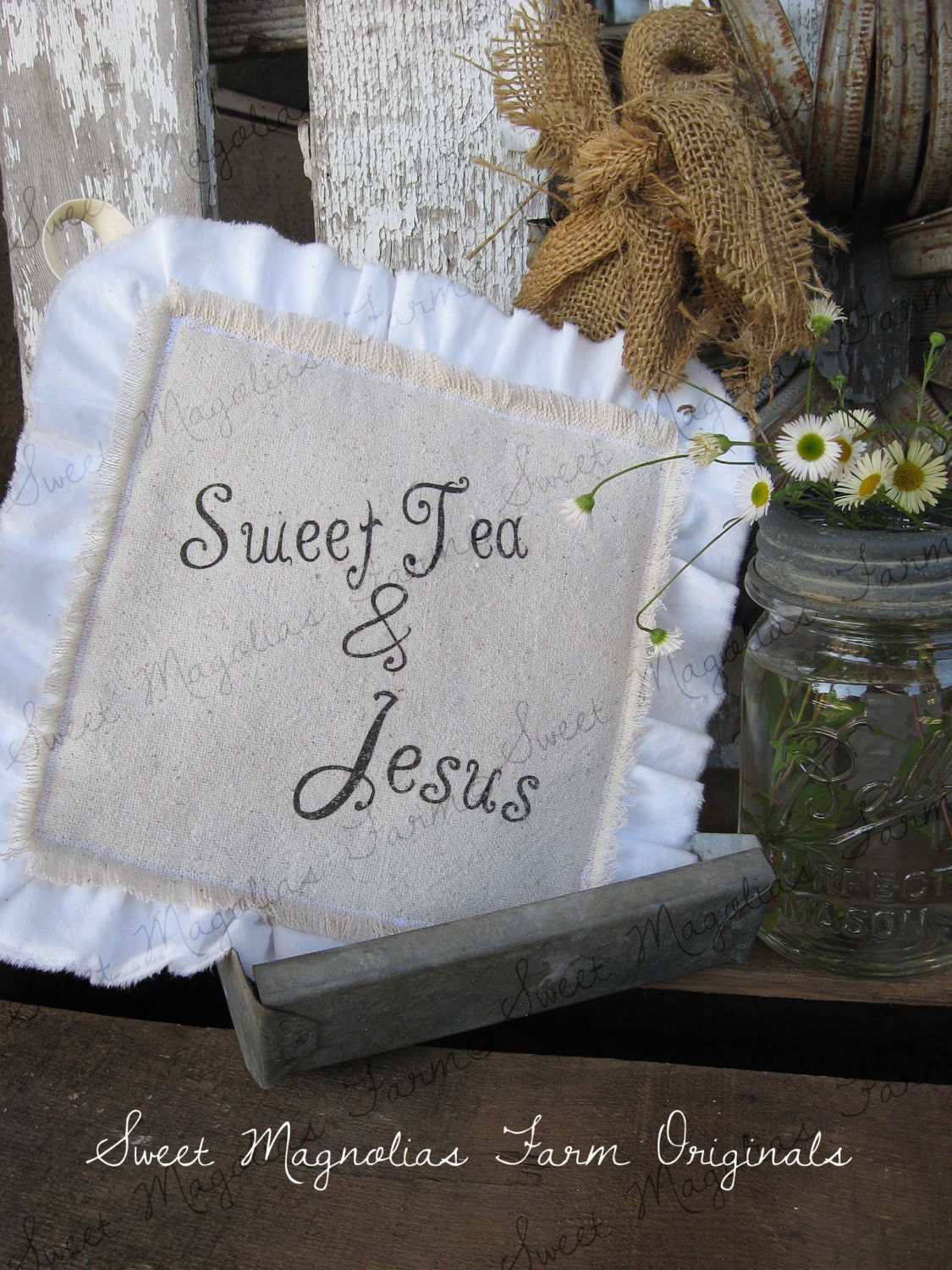 Farmhouse Kitchen Hot Pad - Pot Holder  Country  Style  Cottage  Farm  Shabby Chic  Ruffled Trivet " Sweet Tea and Jesus " Southern Sayings