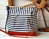 BEST SELLER Diaper bag / Messenger bag STOCKHOLM Navy blue and white geometric nautical striped  Leather / Featured on The Martha Stewart
